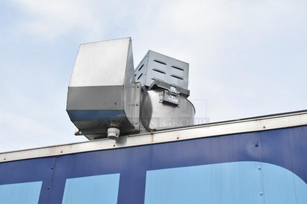 Food trailer with CaptiveAire grease hood, stainless steel vent on roof. Ideal for mobile kitchen or ghost kitchen setup.