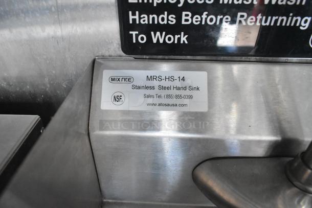 MIX RITE MRS-HS-14 stainless steel hand sink with NSF label; features sales contact and website details.