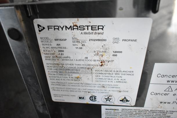 Frymaster label on food trailer equipment, model SR152GP, propane, 120000 BTU. Part of fully outfitted 2021 mobile kitchen.