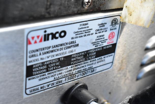 Winco countertop sandwich grill label, model ESG-1, 120V, 15 amps, 1.75 kW, certified by ETL and CSA. Serial No: ESG0101000158.