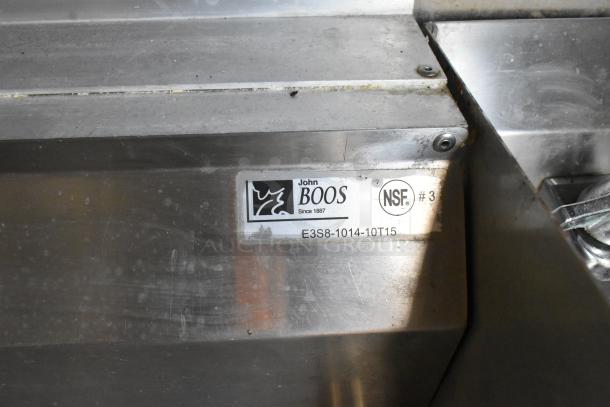 John Boos stainless steel fixture with NSF certification label, model E3S8-1014-10T15, on commercial food trailer.