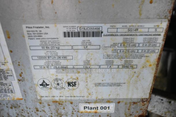 Pitco Frialator equipment label showing model SG14R, LP gas type, 122,000 BTU/h, 115V, NSF certified.