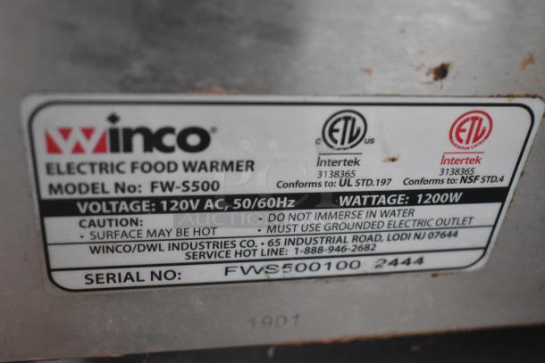 Winco Electric Food Warmer label, model FW-S500, 120V AC, 1200W, with safety warnings and contact details.