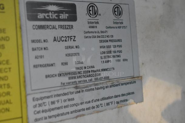 Arctic Air commercial freezer label showing model AUC27FZ, serial H20202878, 115V, 1.9 amps, R290 refrigerant.