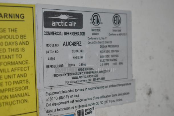 Label of Arctic Air commercial refrigerator model AUC48RZ, with specifications including refrigerant R600a, serial H9010394.