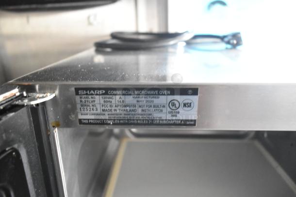 Sharp commercial microwave oven, model R-21LVF, 120VAC, made in Thailand, UL and NSF listed.