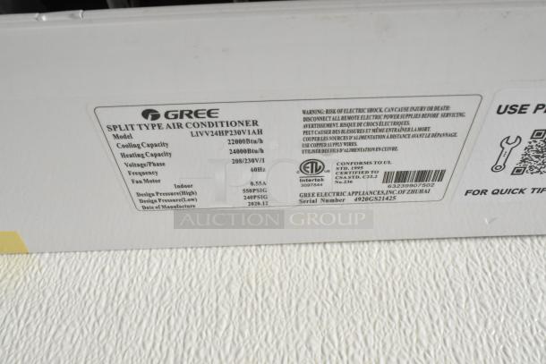 Label on Gree split type air conditioner model LIV24HP230V1AH. Cooling: 22000Btu/h, Heating: 24000Btu/h, Voltage: 208/230V.