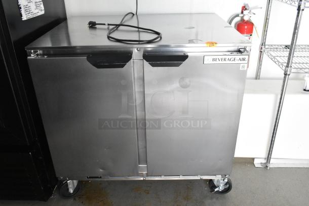 Stainless steel Beverage-Air commercial refrigerator with double doors, on casters. Perfect for food trailer use.