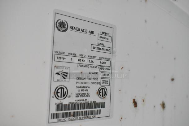 Label on Beverage Air model SR1HC-1S with voltage, serial number 0012068-30399-Z, refrigerant details, ETL certifications.