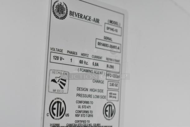 Label on a Beverage Air cooler indicates model SP1HC-13, voltage 120V, 60Hz, 5.0A, refrigerant R-290, made in Mexico.