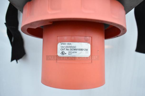 Label on electrical inlet shows "3P4W 100A, 12h/125/250VAC, CAT.No.SCM4100B12W", with UL certification mark.