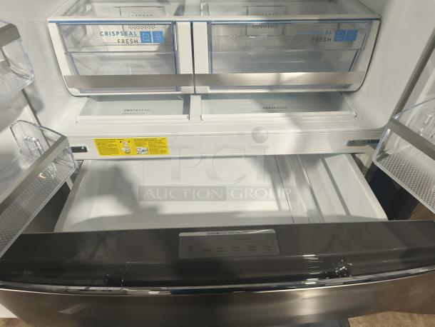 Frigidaire Gallery 21.5 cu ft 4-Door French Door Refrigerator, model GRMC2273CF04, featuring CrispSeal drawers and Custom-Flex Temp Drawer.