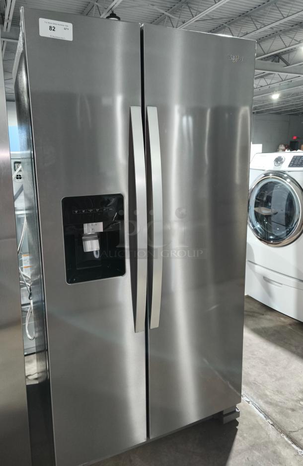 Whirlpool 36-inch side-by-side refrigerator, model WRS315SDHZ19, like new condition, stainless steel, with ice dispenser.