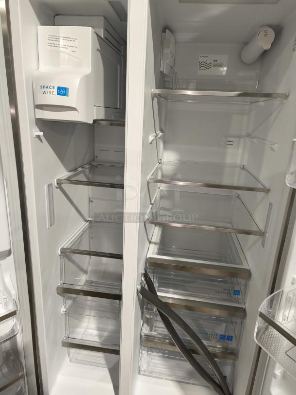 NEW Frigidaire Gallery 25.6 cu ft Side-by-Side Refrigerator, Model GRSS2652AF. Features adjustable shelves, SpaceWise organization, and deli drawer.