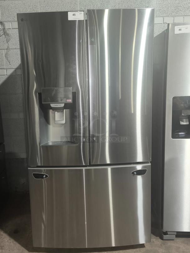 NEW LG LRFS28XBS 27.7 cu ft Smart French Door Refrigerator, stainless steel, model LRFD28XBS/05, with water dispenser.