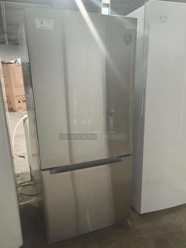 Midea 18.7 cu. ft. bottom-mount freezer refrigerator, model MRB19B7AST, like new condition, stainless steel finish.