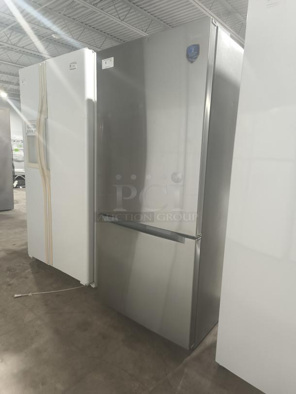Midea 18.7 cu. ft. bottom-mount freezer refrigerator, model MRB19B7AST, like new, stainless steel finish.