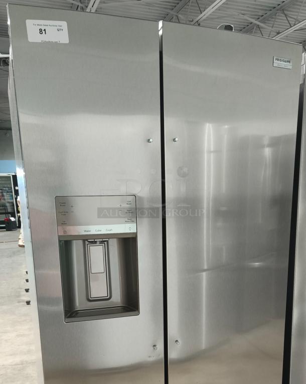 Frigidaire Gallery 25.6 cu ft side-by-side refrigerator, model GRSS2652AFA, stainless steel, new condition, with water dispenser.