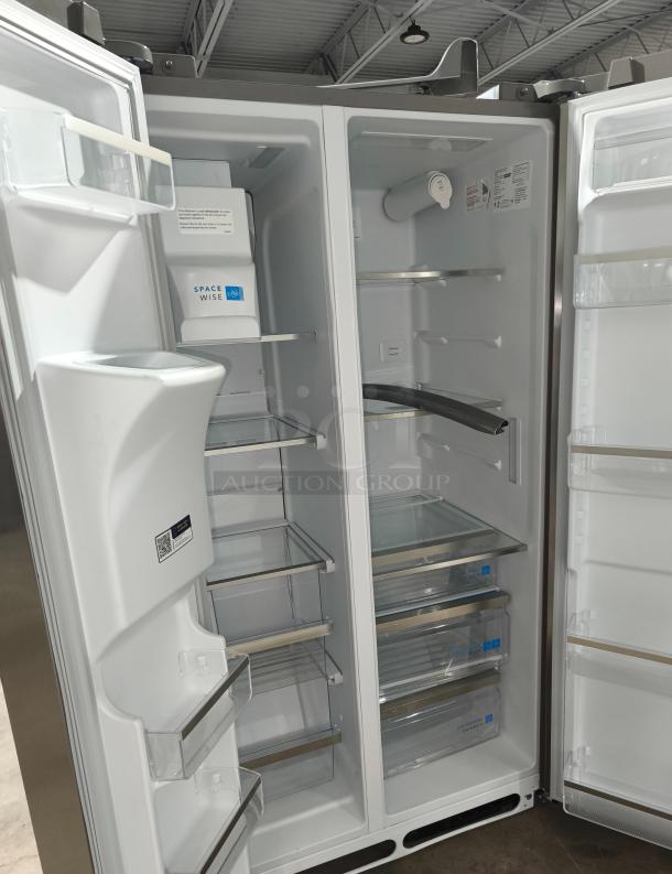 NEW Frigidaire Gallery 25.6 cu ft Side-by-Side Refrigerator, Model GRSS2652AFA, with adjustable glass shelves, fresh condition.