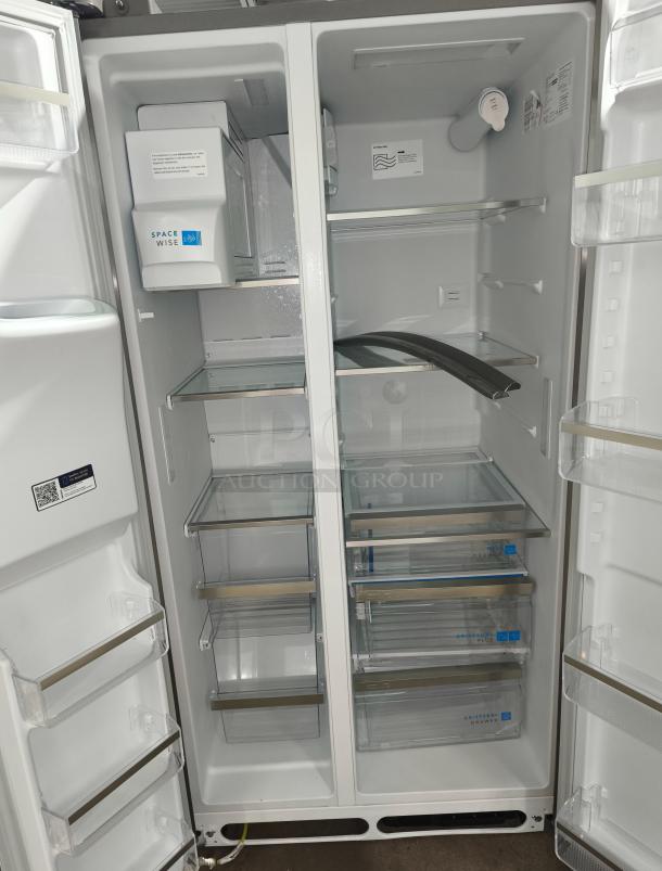 Frigidaire Gallery 25.6 cu ft side-by-side refrigerator, model GRSS2652AFA, new condition, featuring SpaceWise storage.