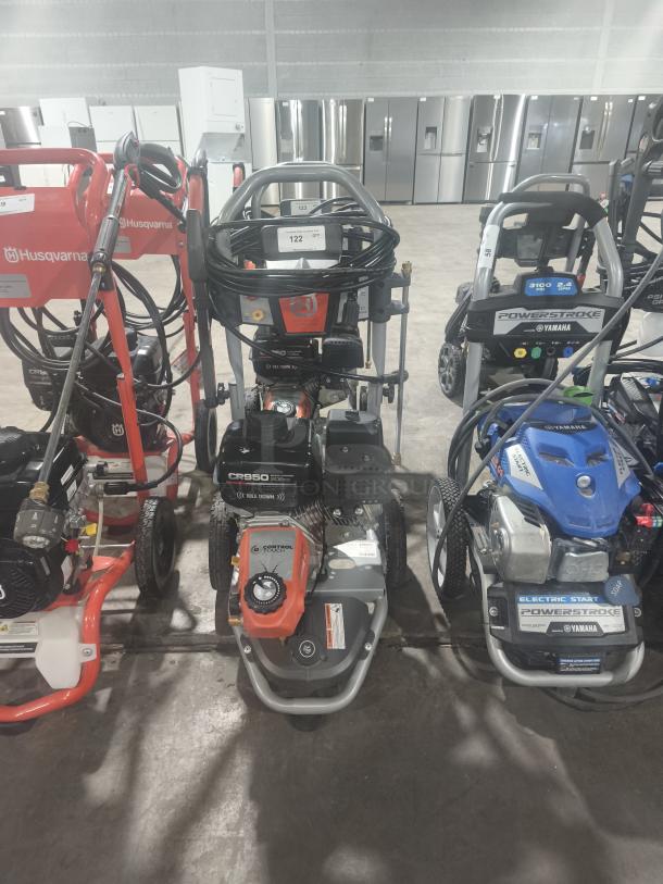 Husqvarna PW-3200 gas-powered pressure washer, 3200 PSI, model 022007, tested and working. Heavy-duty design for efficient cleaning.