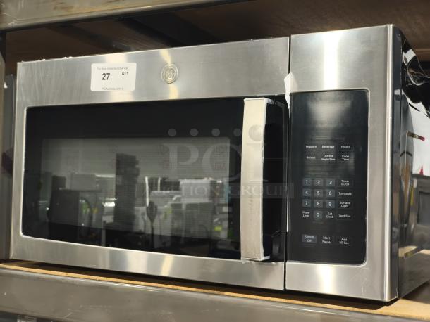 BRAND NEW GE 1.6 cu ft Over-the-Range Microwave, Model PVM9005SJ8SS, with minor scratches and dents, keypad visible.