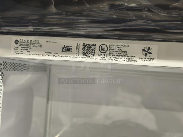 BRAND NEW GE 1.6 cu ft Over-the-Range Microwave Oven, Model JVM6175SK6SS. Scratch and Dent. Tags show model and safety info.