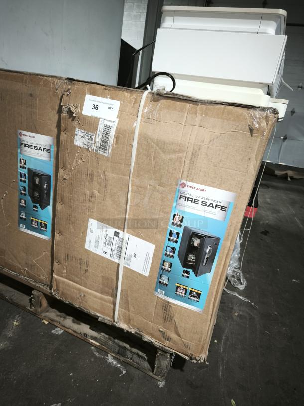 First Alert 2096DF-BD digital fire safe, brand new, 2.1 cu ft, fire-rated 60 min at 1700°F/927°C, waterproof, bolt-down option.