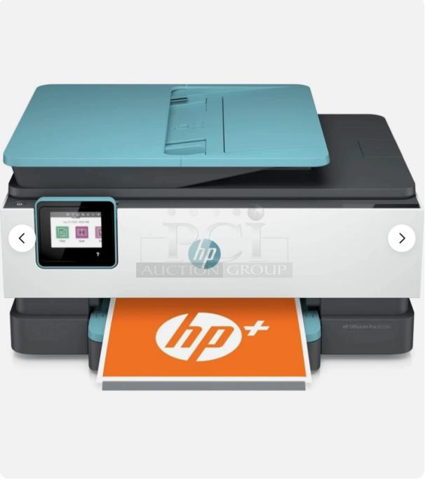HP OfficeJet Pro 8028e All-in-One printer, new, wireless, color inkjet, teal lid, touchscreen, original packaging visible.