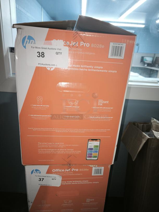 Brand new HP OfficeJet Pro 8028e All-in-One Wireless Color Inkjet Printer in sealed box with model and feature details.