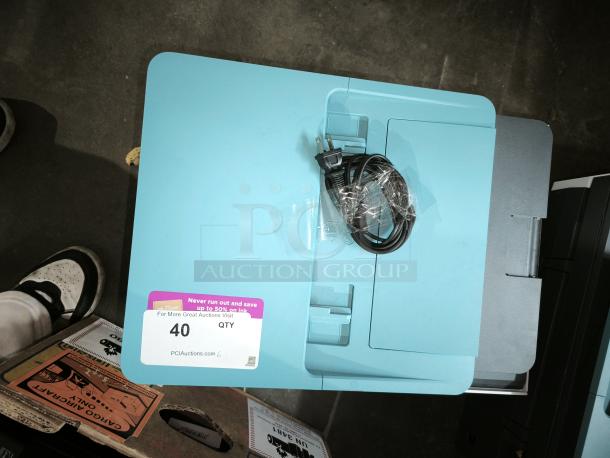 HP OfficeJet Pro 8028e printer, new, with cord. Blue and gray body, auction tag showing quantity 40, PCI Auctions.