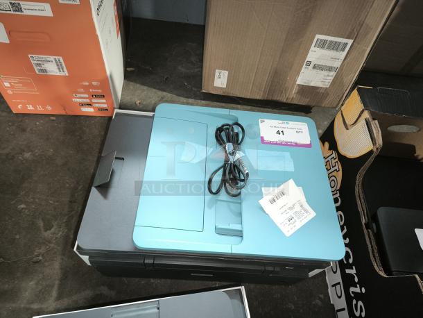 HP OfficeJet Pro 8028e All-in-One Wireless Color Inkjet Printer, brand new, blue finish, includes power cable and original packaging.