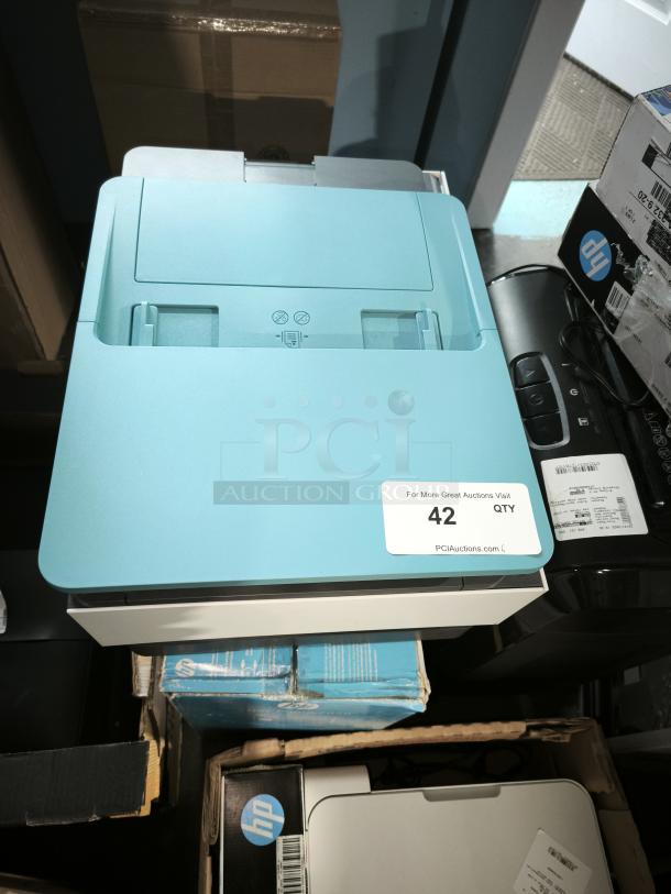HP OfficeJet Pro 8028e printer, new condition, wireless, inkjet, color. Auction tag reads "42 QTY PCI Auctions".