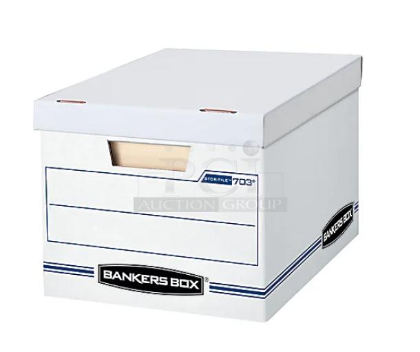 Brand new Bankers Box 925-6000, storage box, white with black and blue accents, sturdy construction, labeled for easy organization.