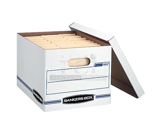 Bankers Box 925‑6000, brand new, sturdy white storage box with lid, labeled sections, and reinforced handles.