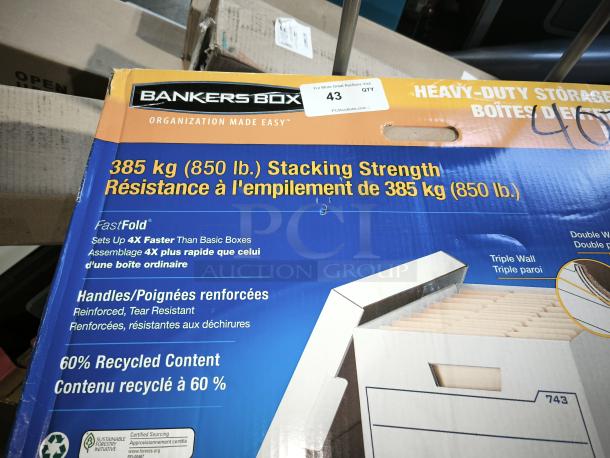 Bankers Box 925-6000, brand new, heavy-duty storage with 385 kg stacking strength, FastFold setup, 60% recycled content.