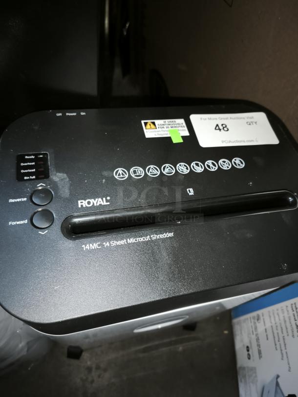 Royal MC14MX 14-Sheet Micro-Cut Shredder, brand new, with control buttons and function icons visible on the top panel.