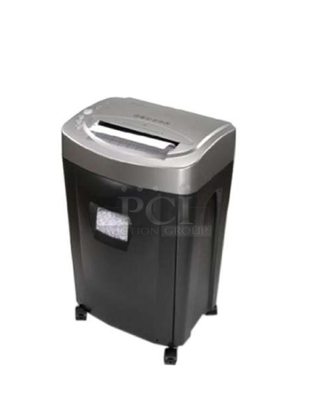 Brand new Royal MC14MX 14-sheet micro-cut shredder, black and gray design, compact with visible shred bin.