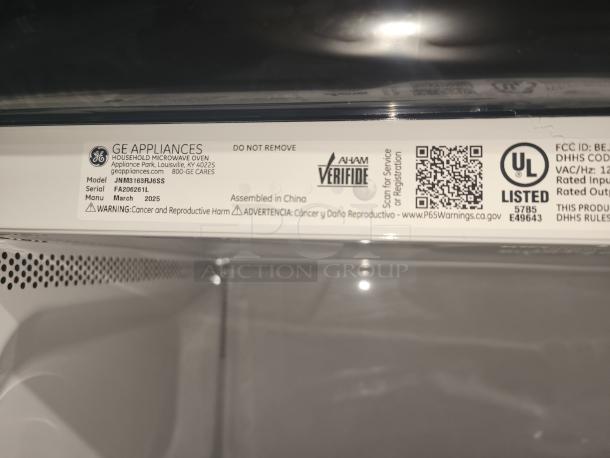 GE 1.6 cu. ft. Over-the-Range Microwave Model JNM3163RJ6SS label showing UL listing, serial, and manufacturer details.