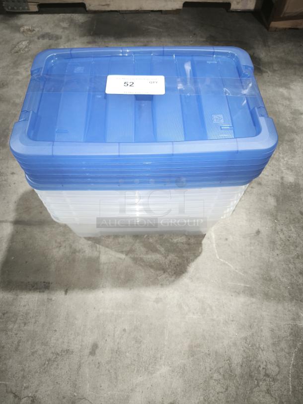 IRIS Buckle Up 12.9 Qt Storage Box, new condition, blue lid, clear container, label indicates quantity of 52.