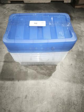 IRIS Buckle Up 12.9 Qt Storage Box, new condition, blue lid, clear container, label indicates quantity of 52.