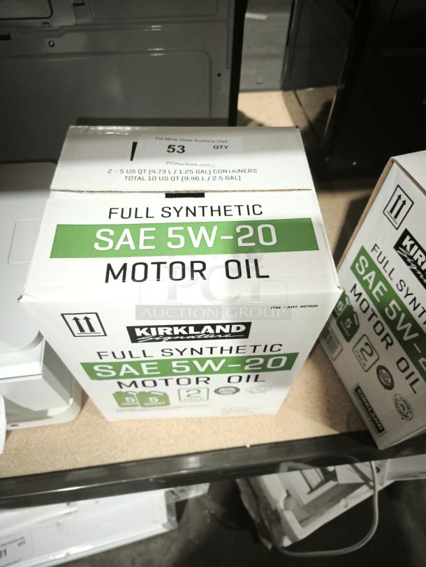 Kirkland Signature SAE 5W-20 full synthetic motor oil, 2-pack of 5-quart containers, shown in original packaging.