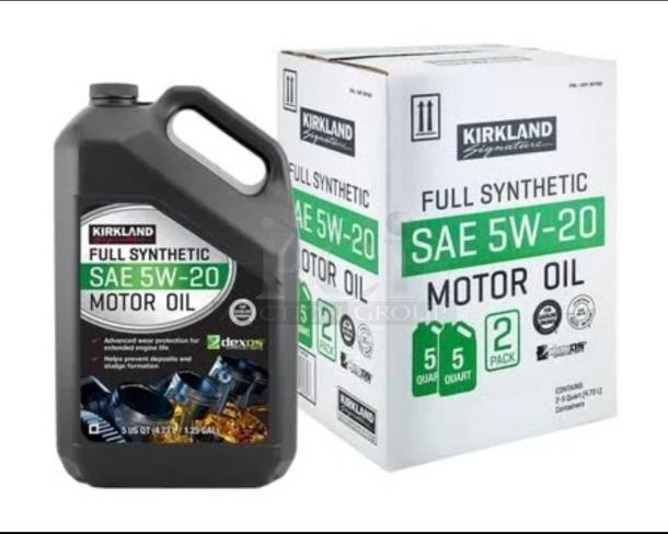Kirkland Signature SAE 5W-20 Full Synthetic Motor Oil, 5-quart bottle, box shows two-pack, advanced wear protection.