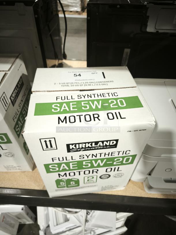Kirkland Signature SAE 5W-20 Full Synthetic Motor Oil, 5-quart, 2-pack, new in box, labeled for high performance.
