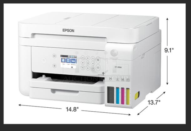 Epson EcoTank ET-3760 wireless printer, brand new, features color printing, scanning, copying, ADF, Ethernet, cartridge-free system.