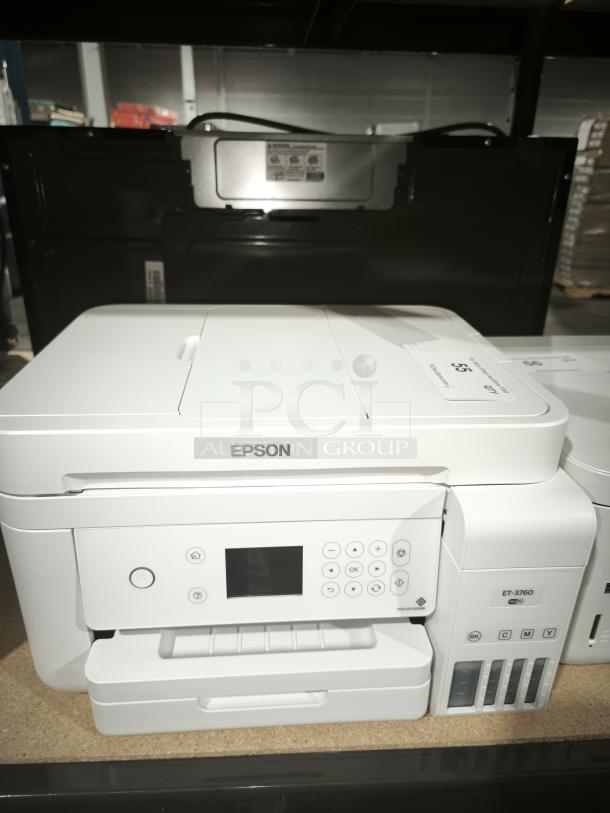 Brand new Epson EcoTank ET-3760 printer, cartridge-free, with scanner, copier, ADF, and Ethernet, in pristine condition.
