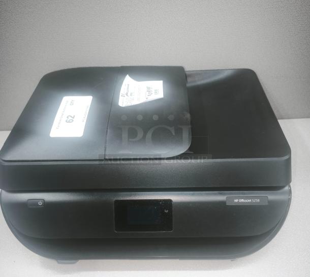 HP OfficeJet 5258 color inkjet all-in-one printer, new condition, features power button, LCD screen, labeled model.