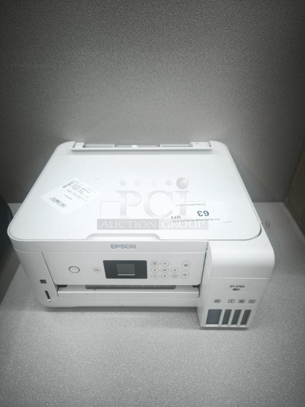 New EcoTank ET-2760 All-in-One Supertank Printer; cartridge-free, white, digital display, flatbed scanner, brand-new condition.