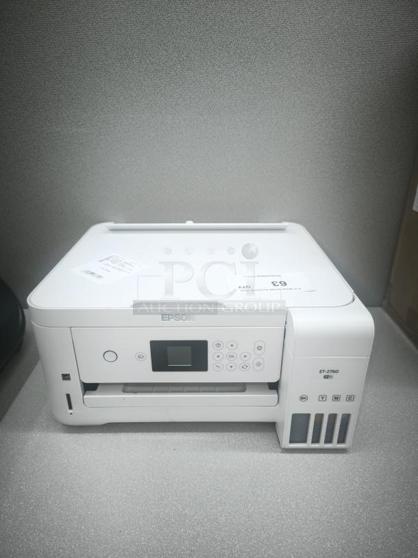 New EcoTank ET-2760 All-in-One Supertank Printer, cartridge-free, pristine condition, visible tank levels, model labels.