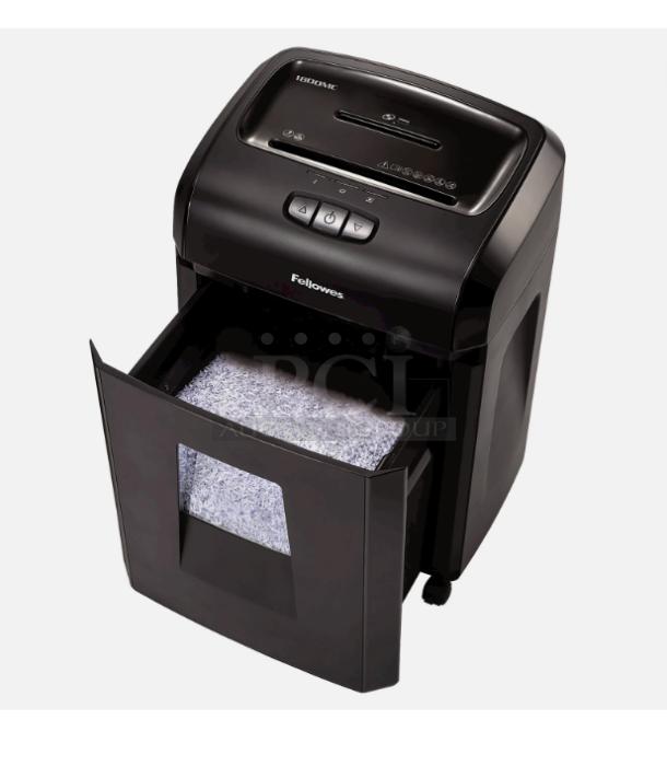 Fellowes Microshred 1800MC, 18-sheet microcut shredder, P-4 security, 8-gallon bin, new condition, black, open waste bin showing shredded paper.